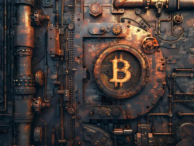 Steampunk Wallpaper con Bitcoin en contra de una ilustración victoriana de antecedentes de cripto comercio