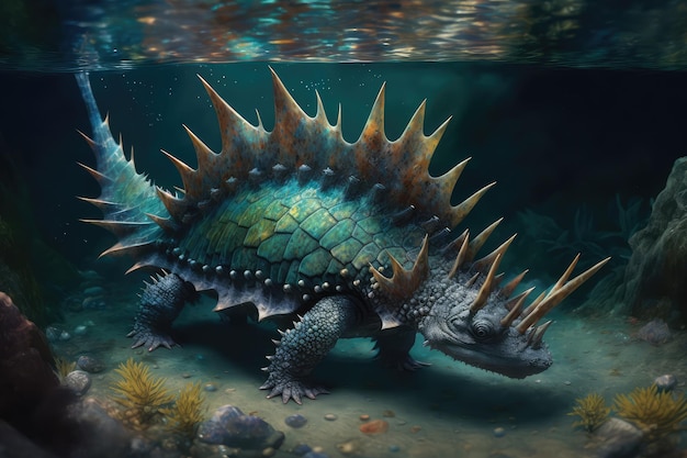 Stegosaurus, der in einem kristallklaren Bach schwimmt, wobei sein Schwanz und seine Rückenflossen sichtbar sind und mit generativer KI erstellt wurden
