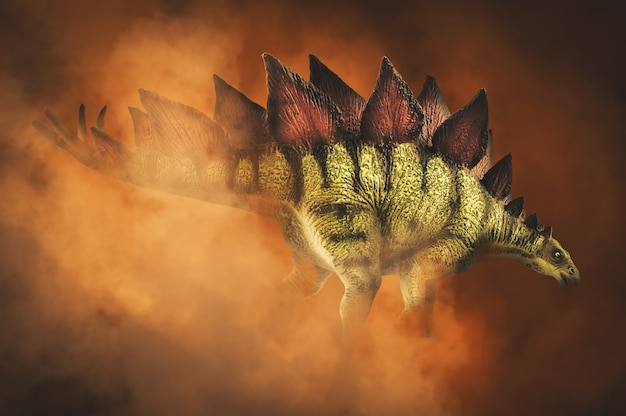 Stegosaurus, dinosaurio sobre fondo de humo