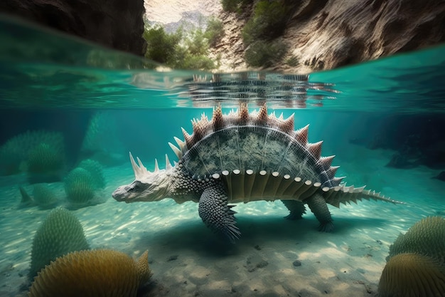 Stegosaurus schwimmt in einem kristallklaren Fluss, sein Schwanz und seine Flossen sind sichtbar und wurden mit generativer KI erstellt