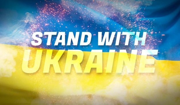 Stehen Sie mit ukrainischem Textflaggenthema Wehende Nationalflagge der Ukraine Winkte hochdetaillierte Nahaufnahme 3D-Rendering