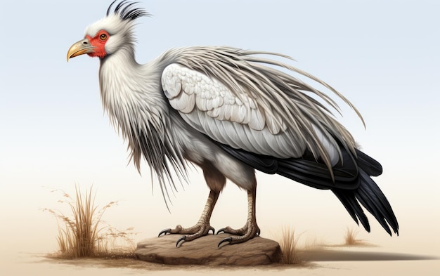Stehender atemberaubender Sekretärsvogel isoliert auf weißem Hintergrund