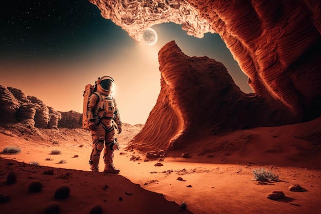Stehender majestätischer Blick auf die Landschaft Kosmonaut im Raumanzug Schönes Illustrationsbild