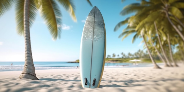 Stehendes Surfbrett steckt im Sand und liegt an der Palme am paradiesischen Strand im sonnigen d