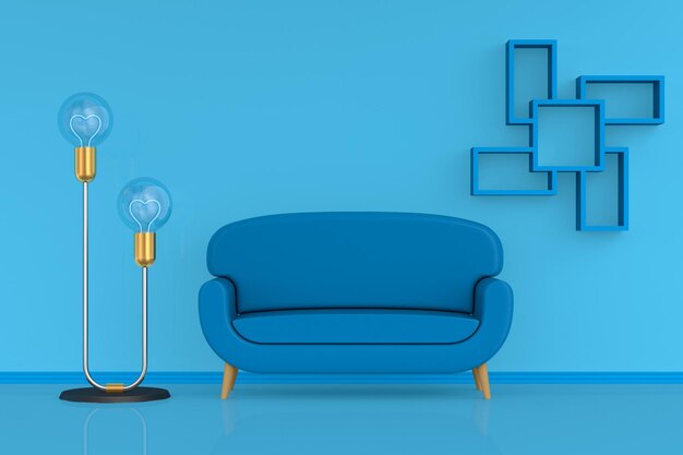 Stehlampe und Sofa im blauen Raum. 3D-Darstellung