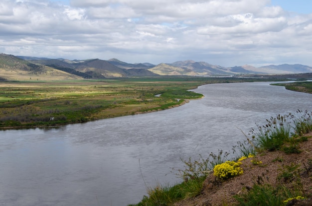 Steiles Flussufer mit Blumen und viel Grün Vom Ufer aus können Sie den Fluss und die Berge sehen