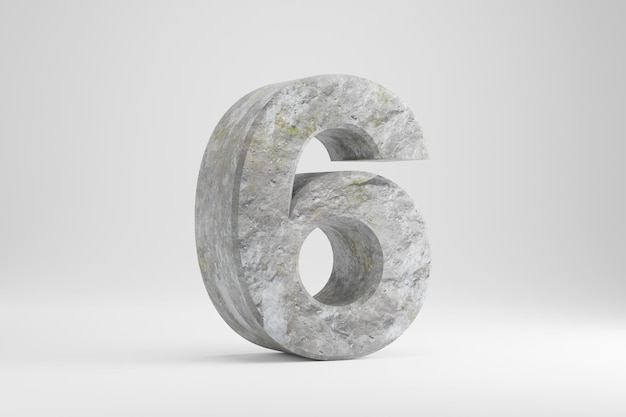 Stein 3d Nummer 6. Rock strukturierte Nummer isoliert auf weißem Hintergrund. 3D gerenderte Steinschriftzeichen.