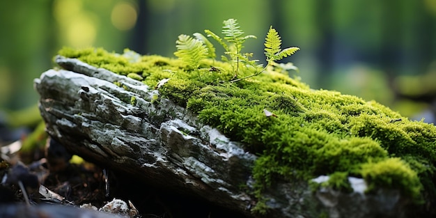 Stein bedeckt mit grünem Moos auf einem verschwommenen Waldhintergrund