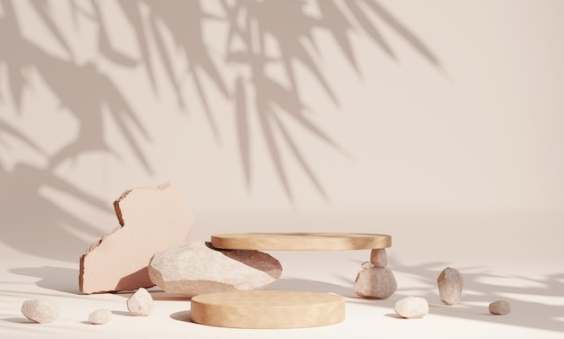 Stein mit abgerundetem Holzpodium auf erdfarbenem Hintergrund für die Produktpräsentation Natürlicher Schönheitssockel Entspannung und Gesundheit 3D-Illustrationx9