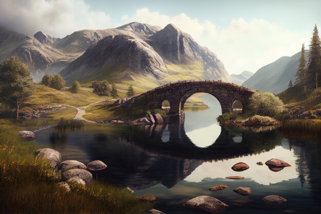 Foto steinbrücke über einen ruhigen see mit blick auf die umliegenden berge