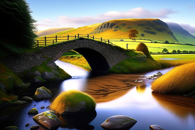 Steinbrücke überquert einen Fluss im digitalen Kunstwerk des Lake District