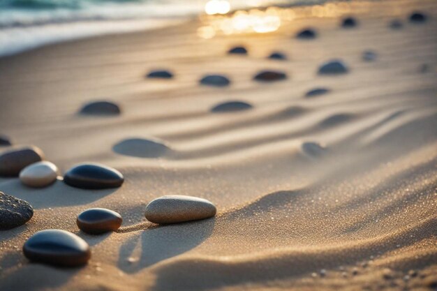 Steine auf dem Sand mit einem Felsen im Sand