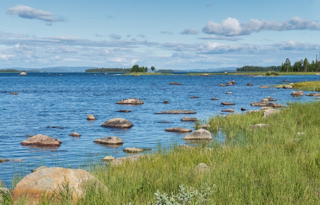 Steine auf einem blauen See vor dem Hintergrund eines grünen Waldes, Schweden