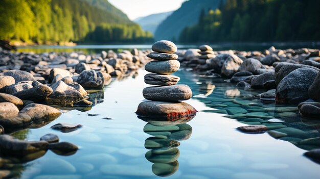 Steine im Breitbild-Zen-Pfad mit Wasserhintergrund