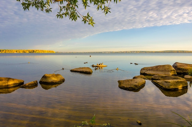 Steine im Seewasser am frühen Morgen.