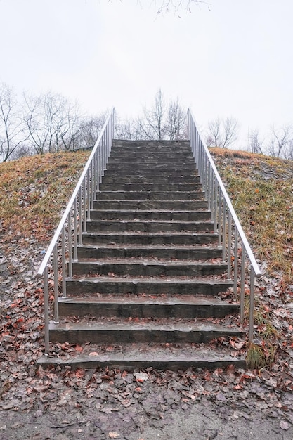 steinerne Treppe mit Metallriegeln im Herbst