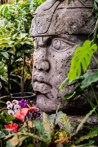 Steingeschnitztes Totem mit menschlichem Gesicht zwischen tropischen Pflanzen