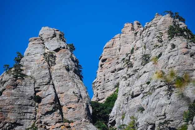 Steinhügel und Berge mit grünen Bäumen und Büschen gegen den blauen Himmel