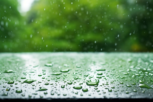 Steinmarmor-Tischplatte auf Fensterglas mit Regentropfen nach Sommerregen