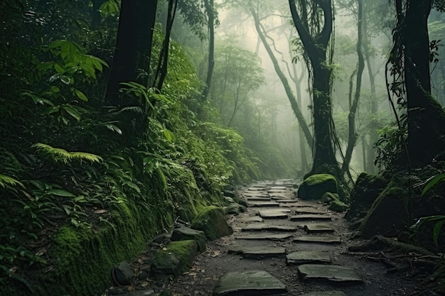 Steinpfad im mystischen nebligen Regenwald