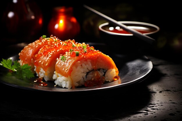 Foto steinplatte mit sushi-rollen und schüssel mit sojasauce auf schwarzem hintergrund mit stöcken