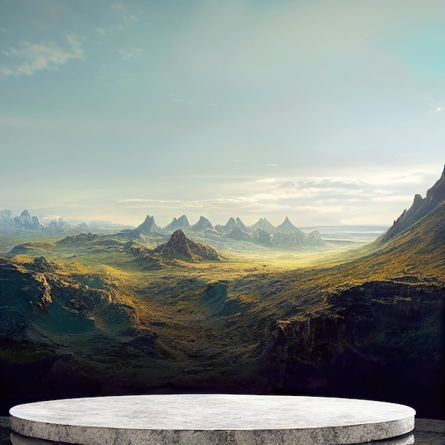 Steinplattform 3D-Illustration Fantasy-Landschaft mit Bergen und blauem Himmel auf dem runden weißen Tisch im Hintergrund für kosmetische Produkte im Renaissance-Kunststil