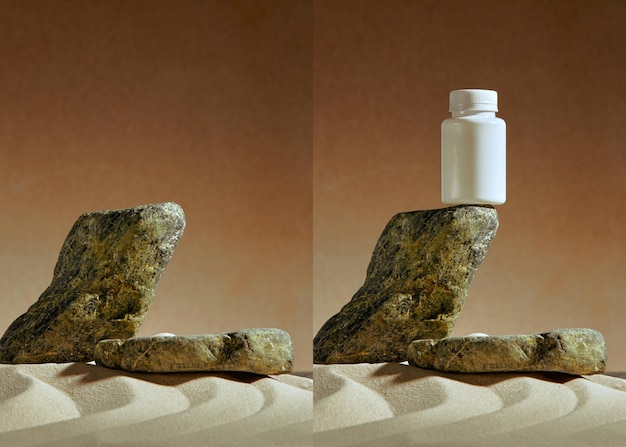 Foto steinplattform auf braunem hintergrund, natursand und steinvitrine für schönheitsprodukte