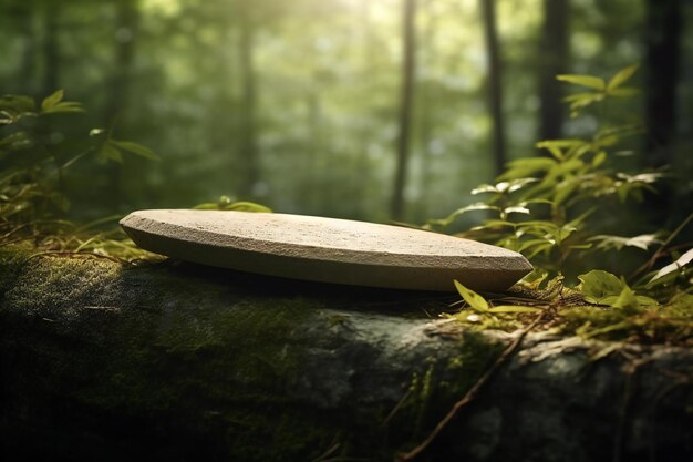 Steinpodium im grünen Wald mit Sonnenlicht