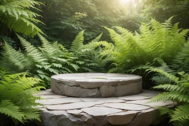 Steinpodium-Stand für Kosmetika mit Farnblättern in einem Sommergarten