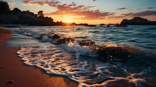 Steinseite in verschiedenen Farben, Meeresstrand und Sonnenaufgang mit Sonnenlichteffekt zum Wasser