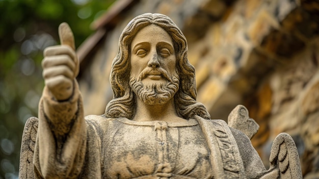 Steinstatue von Jesus mit erhobenem Daumen, detaillierten Gesichtszügen und drapierter Kleidung