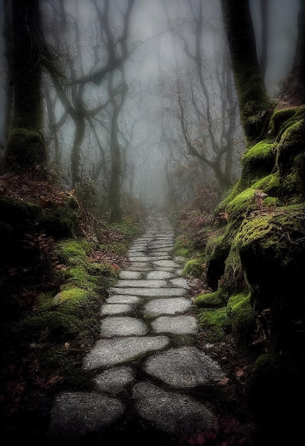 Steinweg im dunklen nebligen Wald