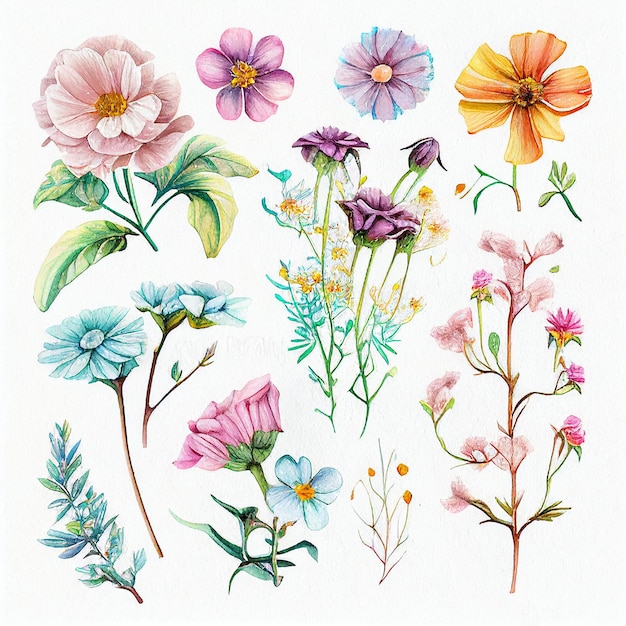 Stellen Sie Blumen ein und lassen Sie die Aquarellblumenillustration malen, die mit generativer KI-Technologie erstellt wurde