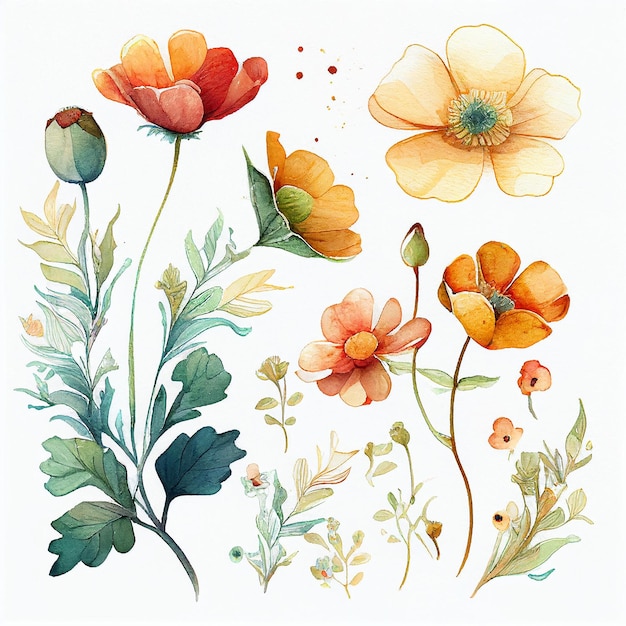 Stellen Sie Blumen ein und lassen Sie die Aquarellblumenillustration malen, die mit generativer KI-Technologie erstellt wurde