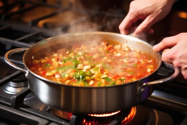 Stellen Sie die Töpfe von Hand auf die Hitze ein und machen Sie eine Minestrone