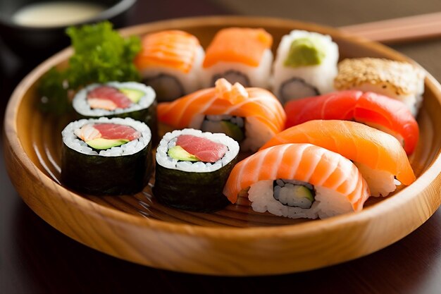 Stellen Sie Essensrollenmahlzeit japanischen Reis Sushi Fisch Meeresfrüchte Japan Generative KI ein