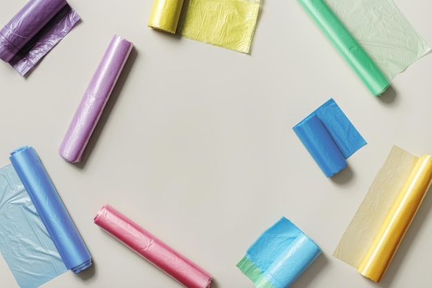 Stellen Sie farbige Plastiktüten in Rollen mit flachem Rahmen und Kopierraum ein. Bunte Polyethylenpakete für Lebensmittel