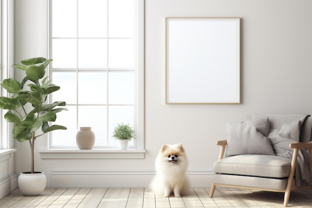 Stellen Sie sich ein helles und luftiges Wohnzimmer mit einem weißen Rahmenmodell mit generativer KI des Pomeranian-Hundes vor