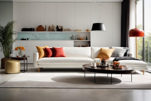 Stellen Sie sich ein schlankes und modernes Wohnzimmer mit sauberen Linien und einem minimalistischen Design vor