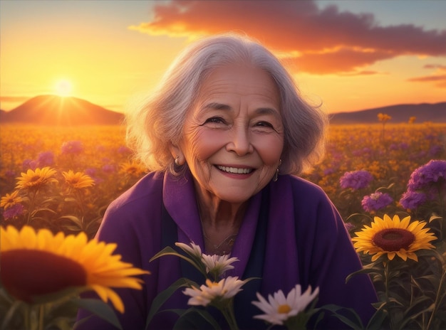 Stellen Sie sich eine ältere Dame mit einem breiten Lächeln im Gesicht in einem Blumenfeld mit Sonnenuntergang von Generative AI vor