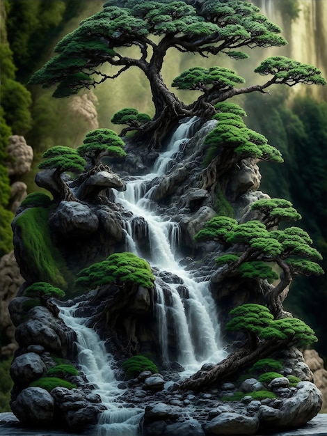 Stellen Sie sich eine atemberaubende fotorealistische Szene mit einem Bonsai-Baum vor