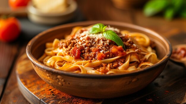 Stellen Sie sich eine herzhafte Portion Ragu alla Bolognese über al dente Pasta in einem rustikalen Lehmgeschirr vor Die reiche fleischige Sauce mit Tomaten