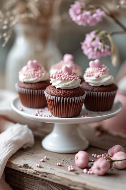 Stellen Sie sich eine Postkarte vor, auf der minimalistische Illustrationen von Süßigkeiten und Cupcakes zu sehen sind