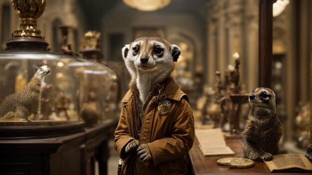 Stellen Sie sich eine Szene vor, in der ein neugieriger Meerkat ein Museum erkundet, Artefakte untersucht und über