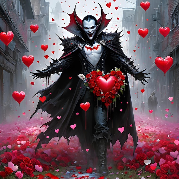Stellen Sie sich einen schrecklichen HorrorCore-Vampir vor, eine Kreatur der Nacht, die wunderschöne Valentinstagsherzen hält.