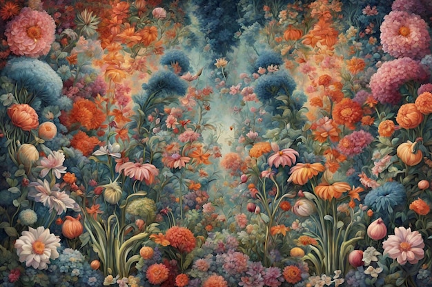 Stellen Sie sich einen surrealistischen Garten vor, in dem Blumen verschiedener Formen und Größen in unmöglichen Farben blühen