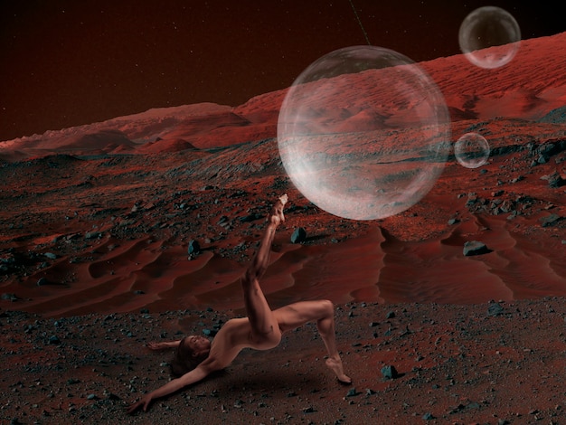 Stellen Sie sich vor, Menschen leben auf dem Mars. Nahaufnahme Landschaft eines verlassenen Planeten, Schönheit des Lebens auf dem Mars. Ballerina in einer schützenden Sauerstoffkammer, Blase. Erkundung des Unbekannten und des Lebens in einem neuen Raum.