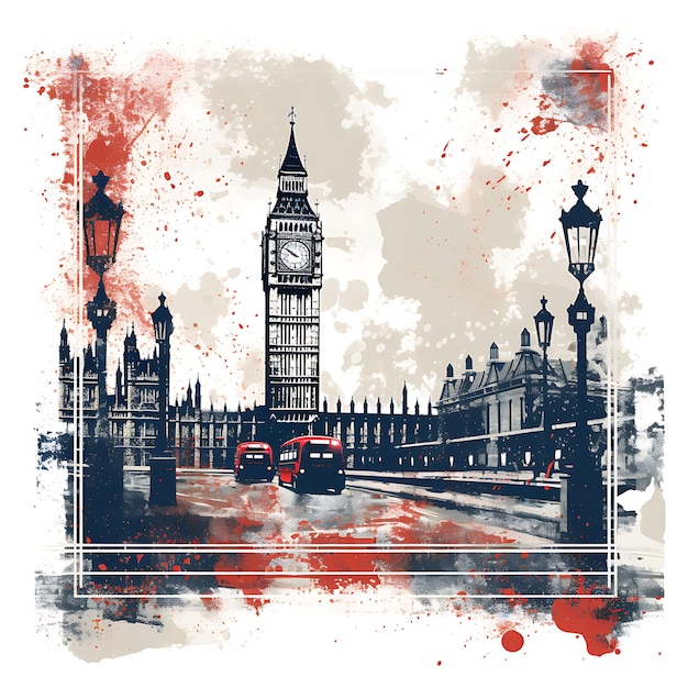 Stempel der Stadt London mit monochromer nebliger grauer Farbe Big Ben und roten Kritzeleien Clipart T-Shirt-Kunst