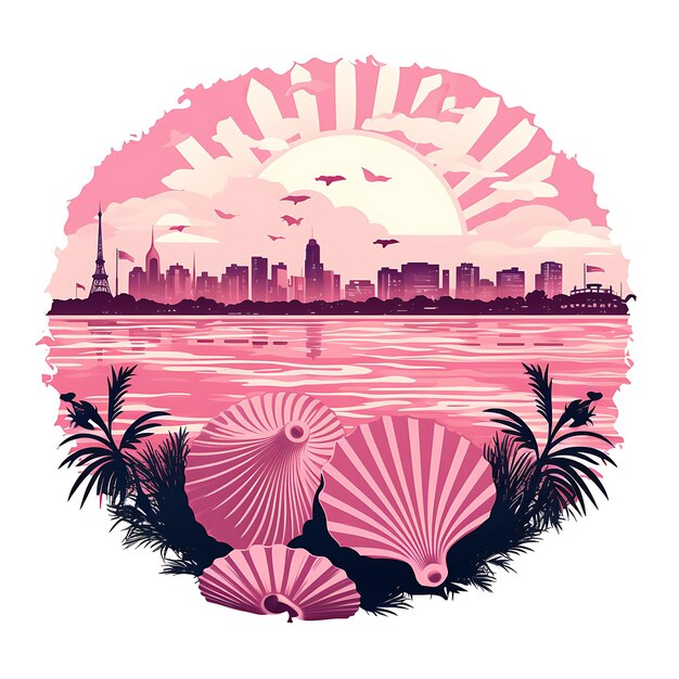 Stempel der Stadt Montevideo mit monochromer rosafarbener Strandlandschaft, Dezember-Kritzeleien, Clipart, T-Shirt-Kunst