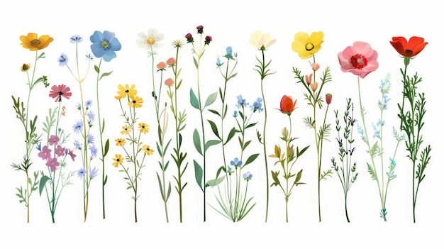 Stems florais plantas de primavera e verão flores silvestres abstrato campo e prado flores ilustrações modernas planas isoladas em branco